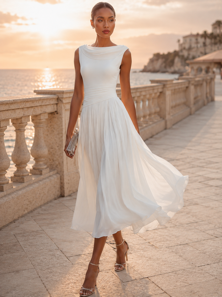 Vestido Midi Plissado com Gola Drapeada e Sem Mangas