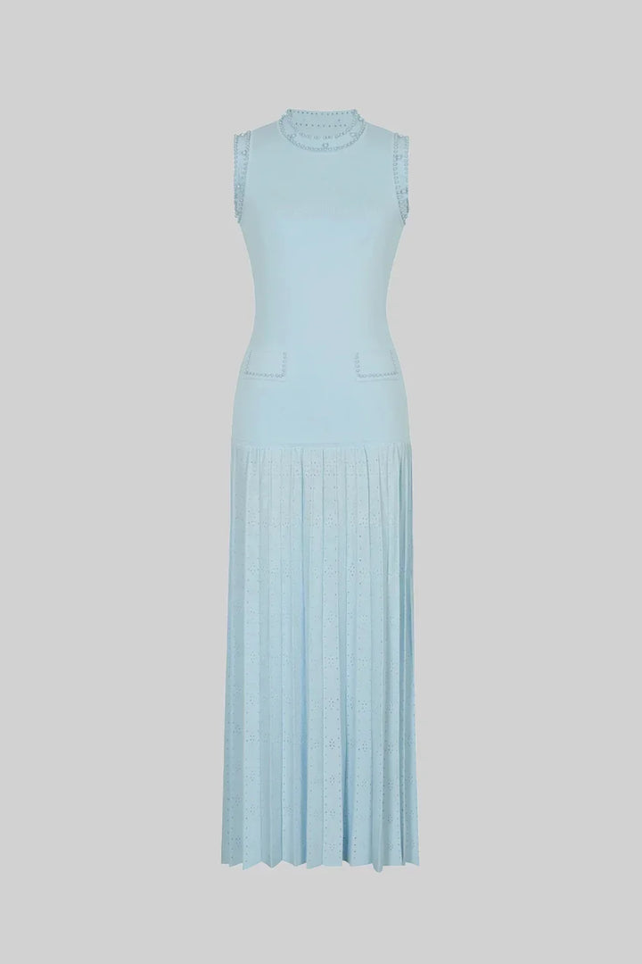 Vestido Midi em Tricô com Aplicações de Pérolas – Azul Serenity