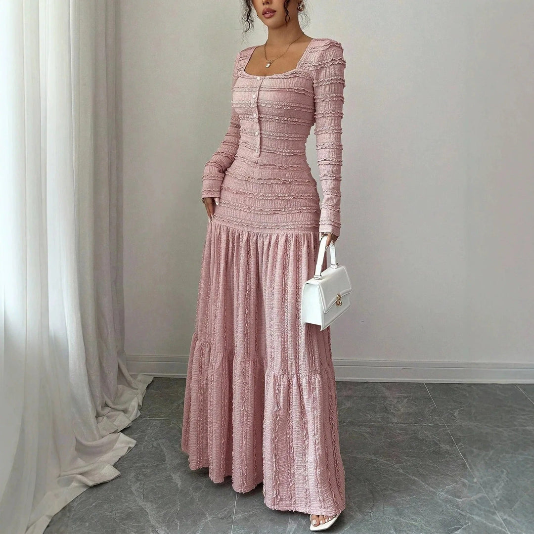 Valentina™ – Vestido Midi de Tricô com Gola Quadrada e Manga Longa