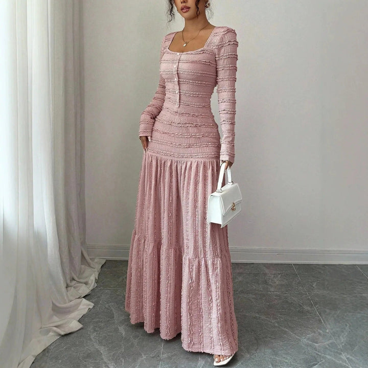 Valentina™ – Vestido Midi de Tricô com Gola Quadrada e Manga Longa