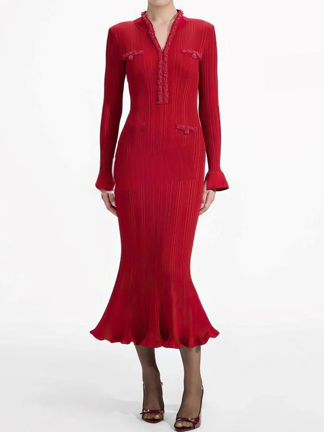 Vestido Longo de Tricô com Decote em V, Manga Comprida e Cintura Alta