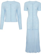 Vestido e Casaco Cardigan Bordado Luxo Azul Serenity – Elegância e Sofisticação em Cada Detalhe
