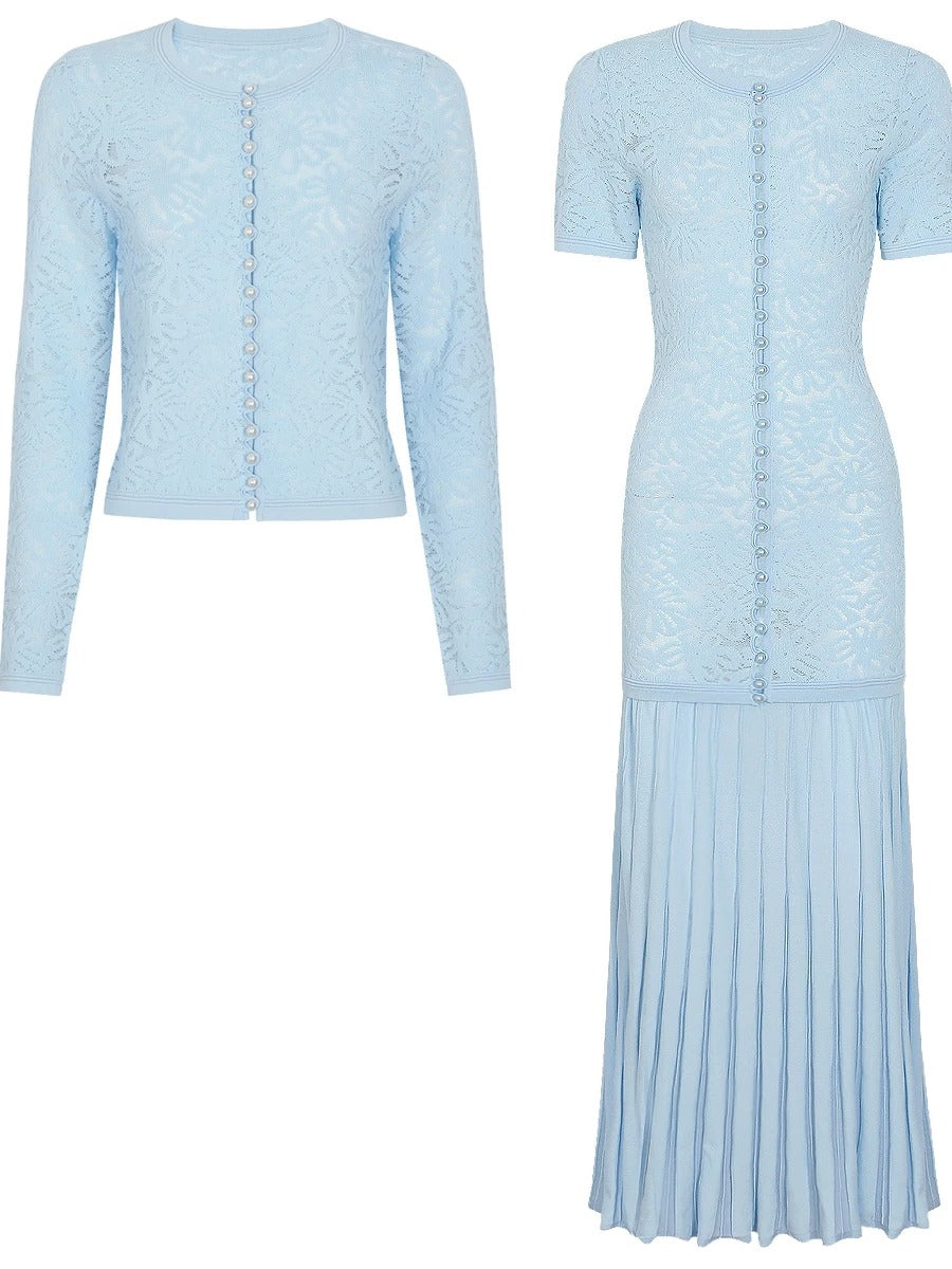 Vestido e Casaco Cardigan Bordado Luxo Azul Serenity – Elegância e Sofisticação em Cada Detalhe