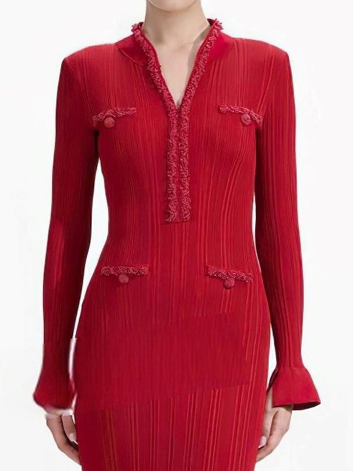 Vestido Longo de Tricô com Decote em V, Manga Comprida e Cintura Alta