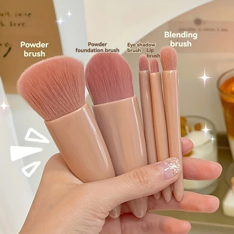 Kit 5 Pincéis de Maquiagem Portátil com Espelho