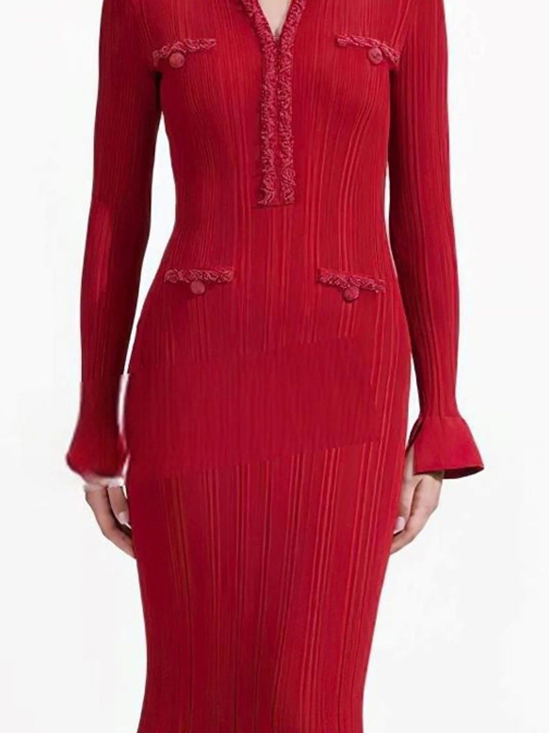 Vestido Longo de Tricô com Decote em V, Manga Comprida e Cintura Alta