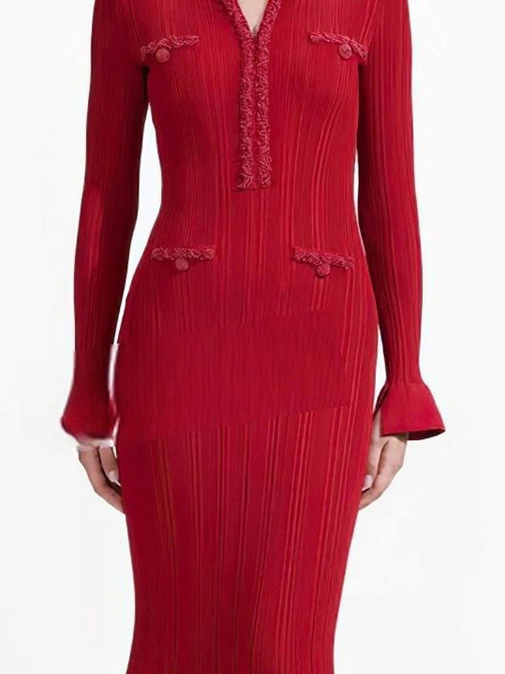 Vestido Longo de Tricô com Decote em V, Manga Comprida e Cintura Alta