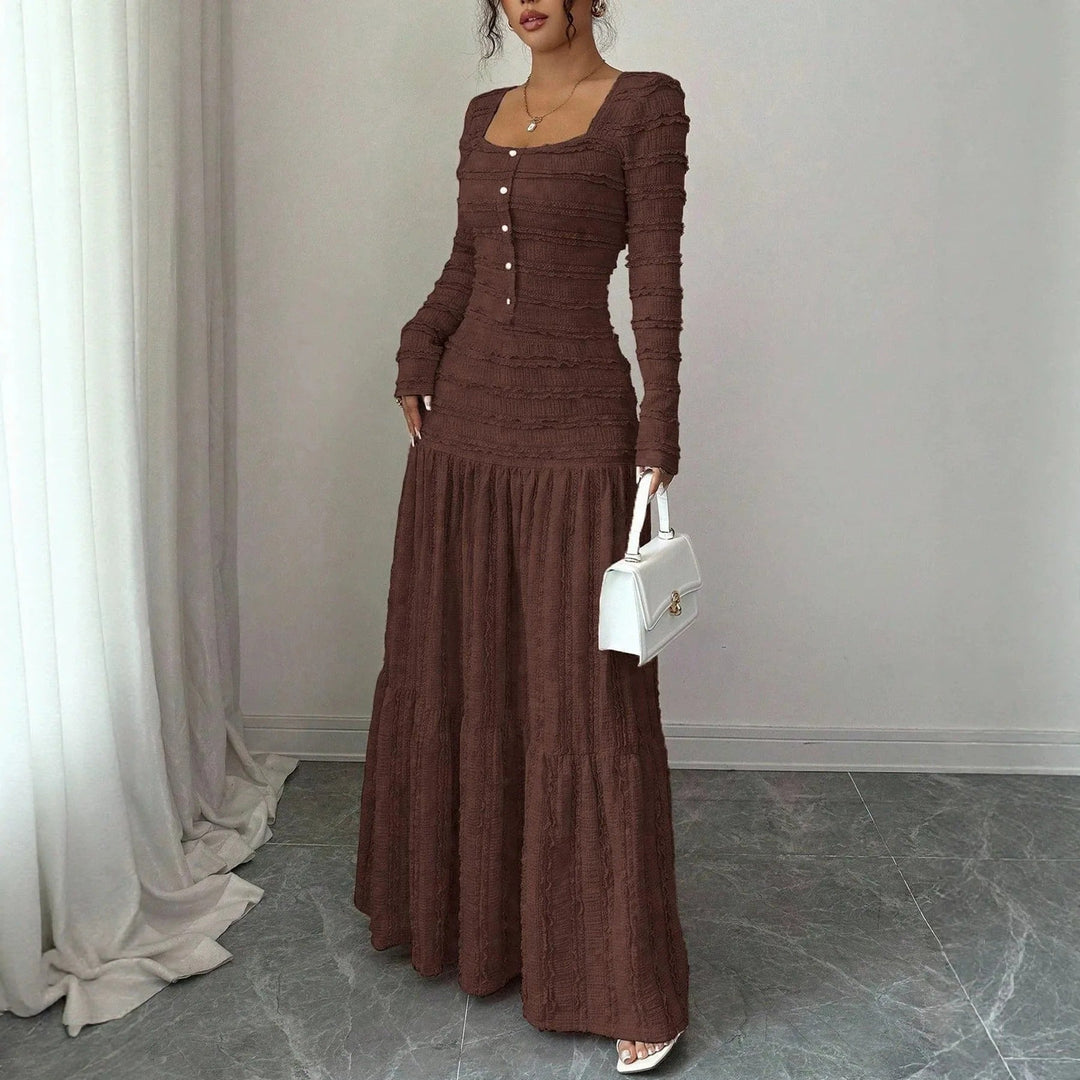 Valentina™ – Vestido Midi de Tricô com Gola Quadrada e Manga Longa