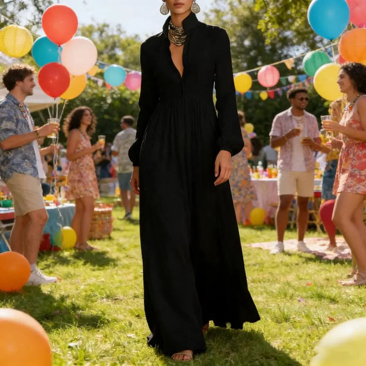 Helena™ – Vestido Longo de Inverno com Gola Alta, Botões e Bolsos
