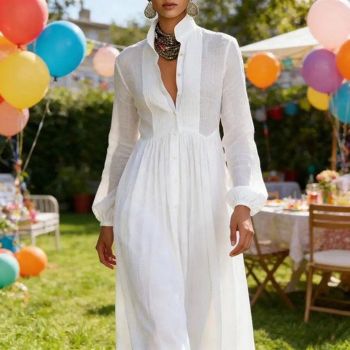 Helena™ – Vestido Longo de Inverno com Gola Alta, Botões e Bolsos