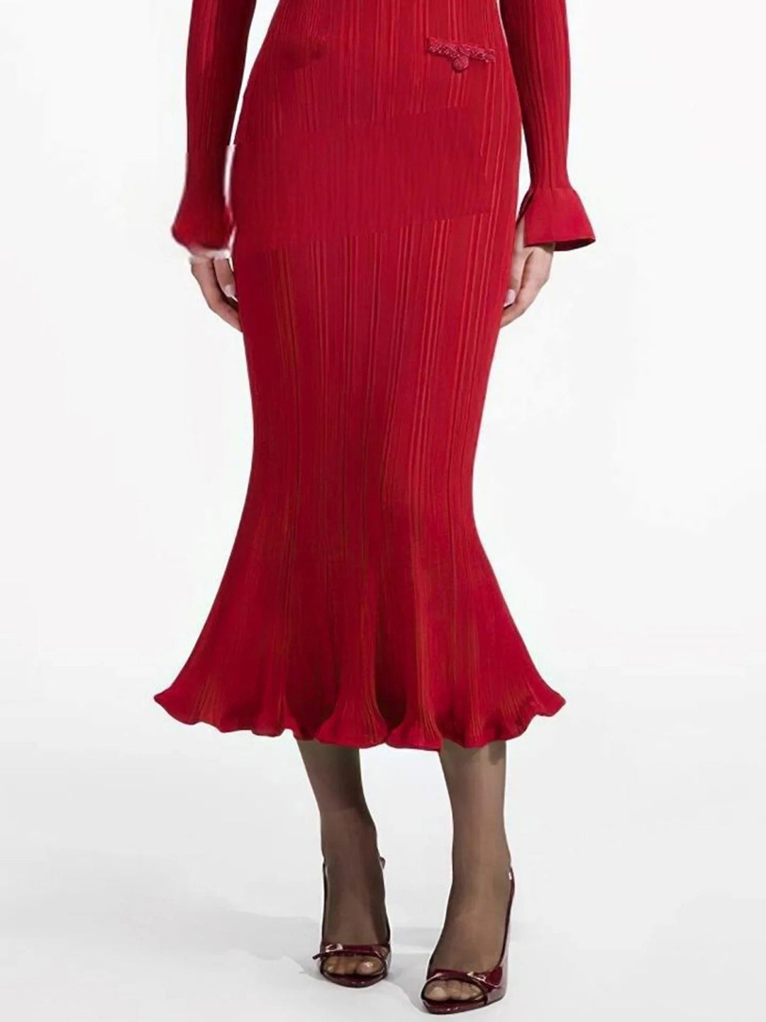 Vestido Longo de Tricô com Decote em V, Manga Comprida e Cintura Alta