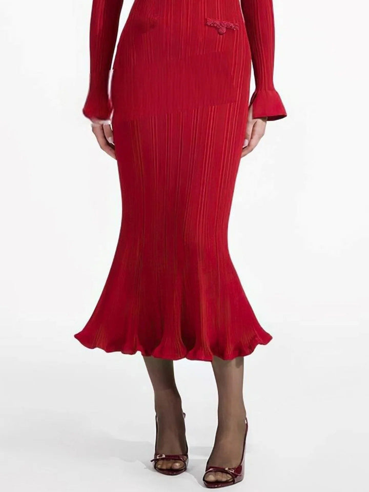 Vestido Longo de Tricô com Decote em V, Manga Comprida e Cintura Alta