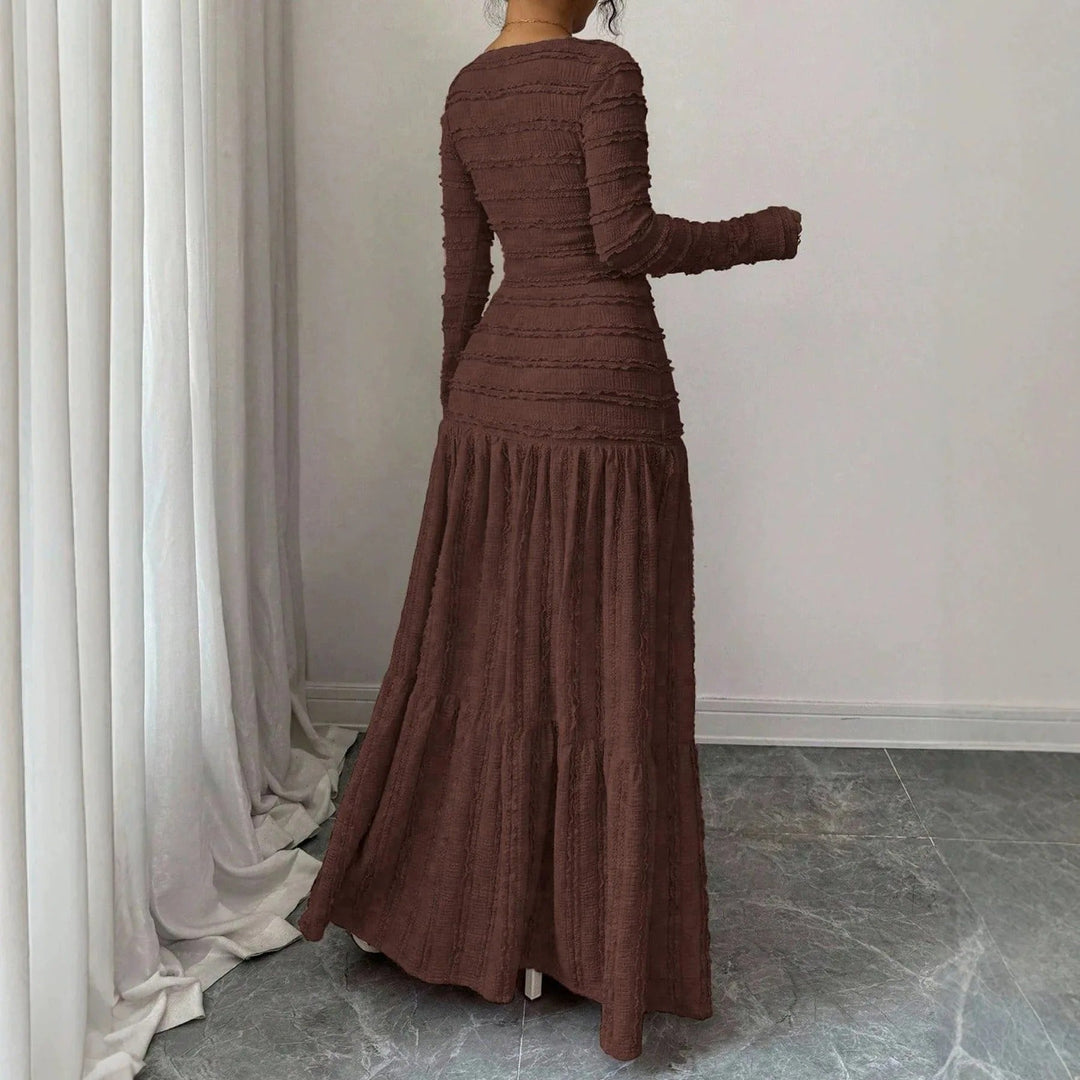 Valentina™ – Vestido Midi de Tricô com Gola Quadrada e Manga Longa