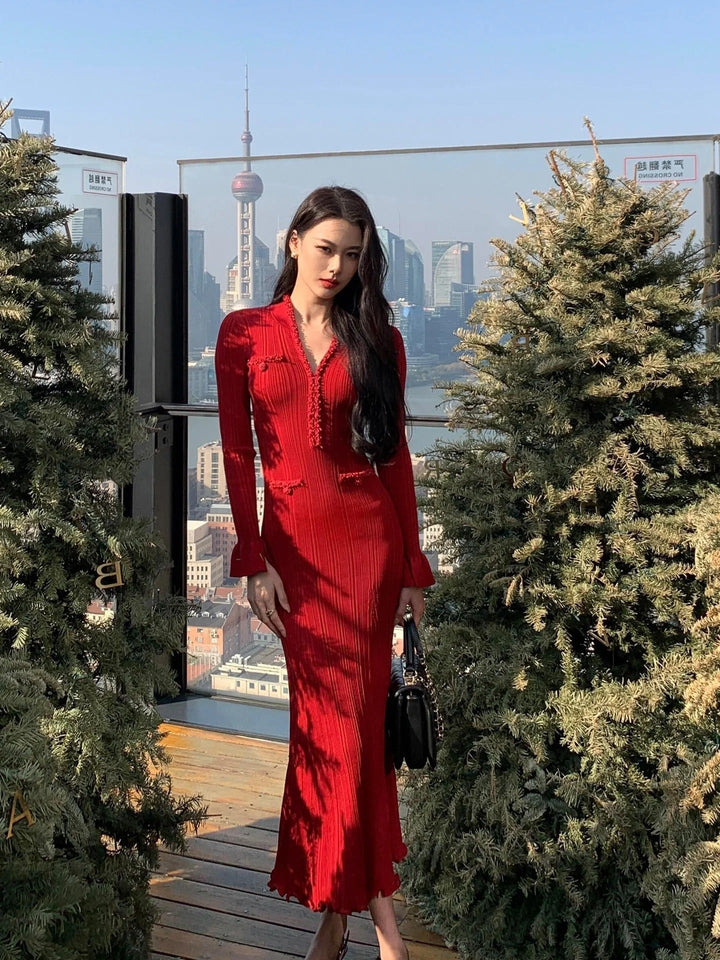 Vestido Longo de Tricô com Decote em V, Manga Comprida e Cintura Alta