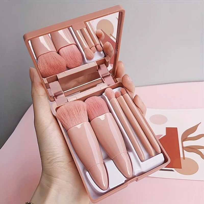 Kit 5 Pincéis de Maquiagem Portátil com Espelho