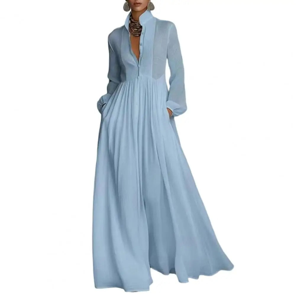 Helena™ – Vestido Longo de Inverno com Gola Alta, Botões e Bolsos