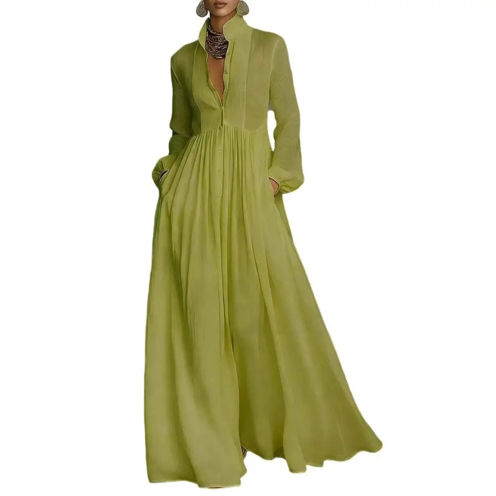 Helena™ – Vestido Longo de Inverno com Gola Alta, Botões e Bolsos