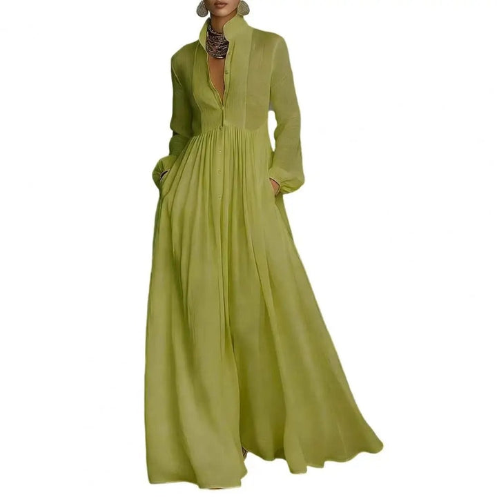 Helena™ – Vestido Longo de Inverno com Gola Alta, Botões e Bolsos