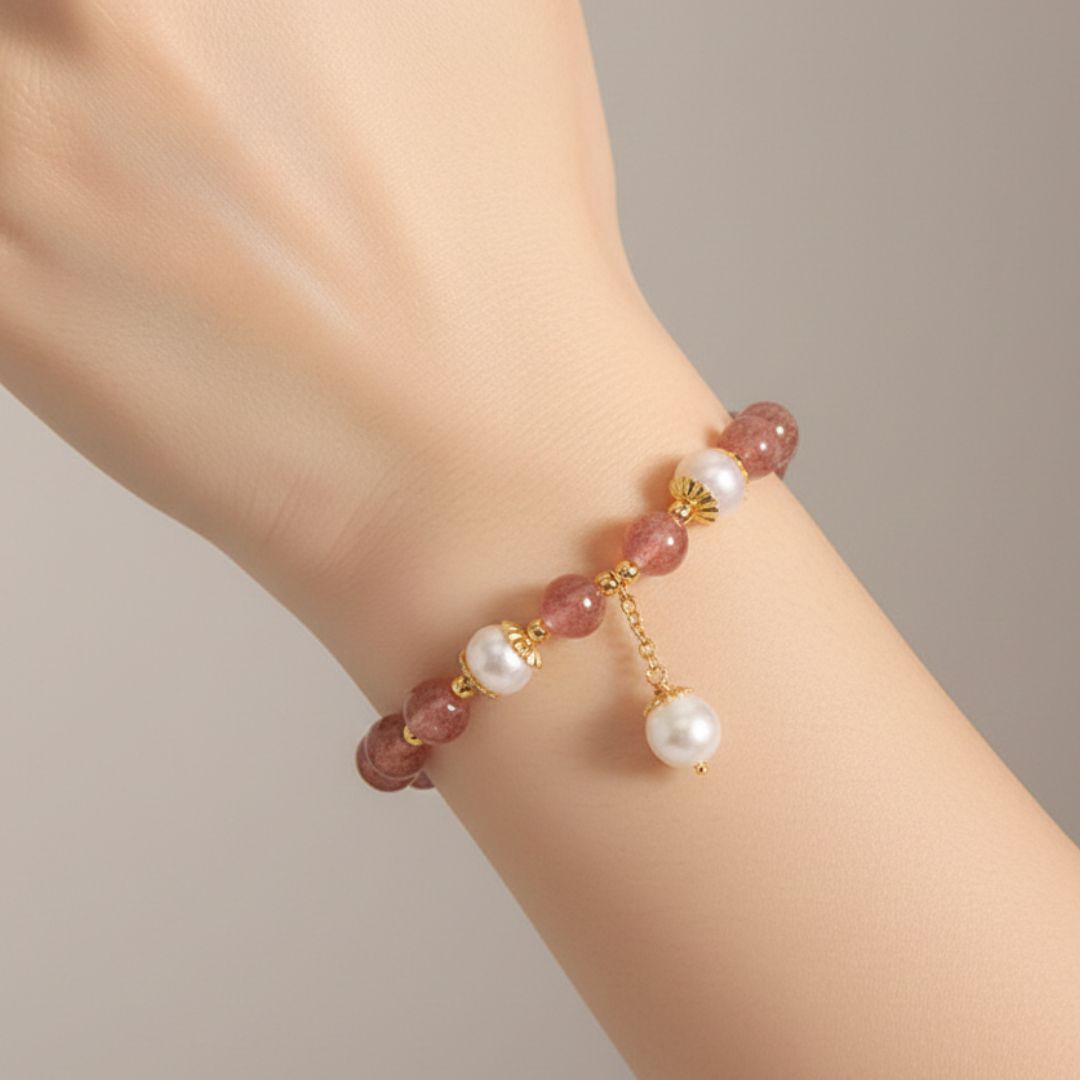 Pulseira Contas de Quartzo Quartzo Morango & Opala Branca Rose Aura Duo