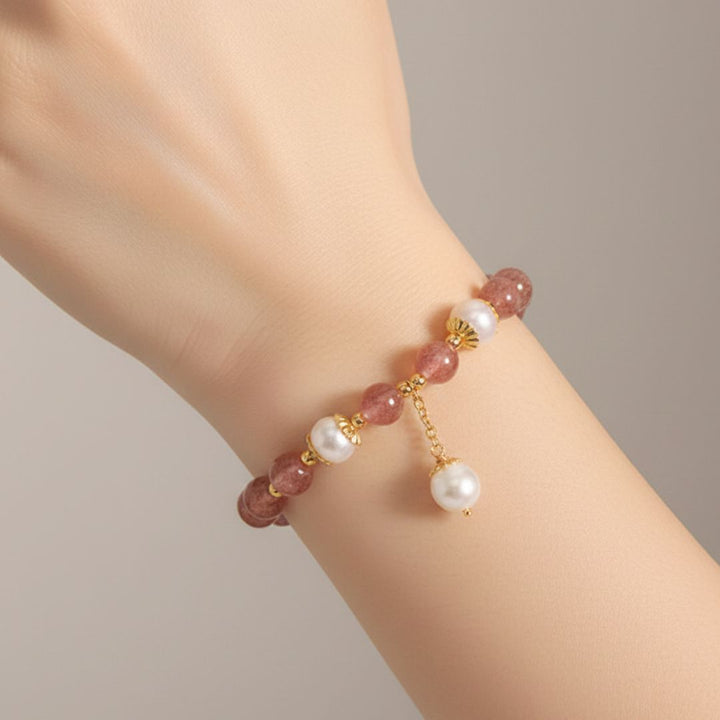 Pulseira Contas de Quartzo Quartzo Morango & Opala Branca Rose Aura Duo