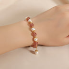 Pulseira Contas de Quartzo Quartzo Morango & Opala Branca Rose Aura Duo