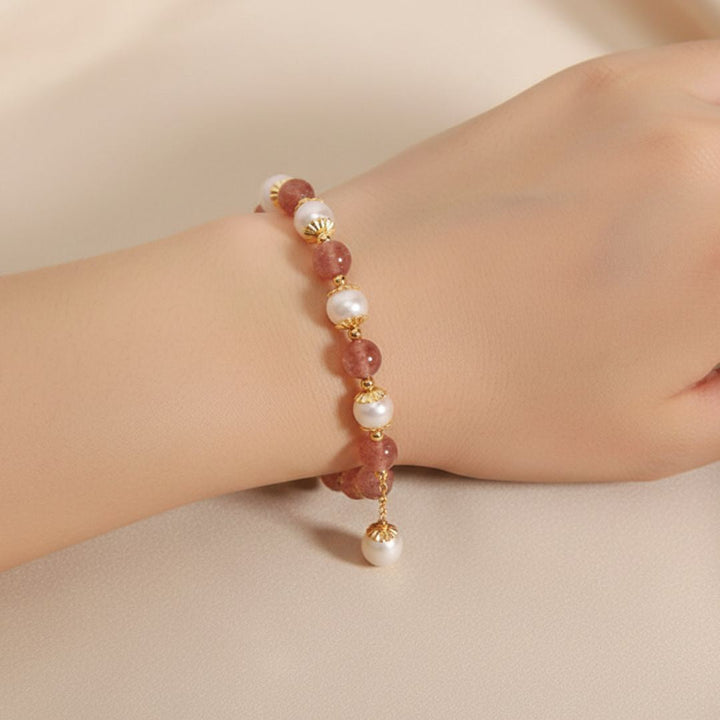 Pulseira Contas de Quartzo Quartzo Morango & Opala Branca Rose Aura Duo