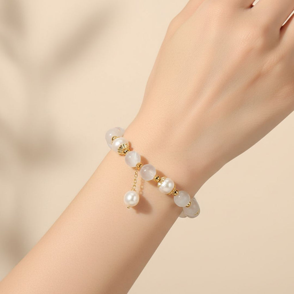 Pulseira Contas de Quartzo Quartzo Morango & Opala Branca Rose Aura Duo