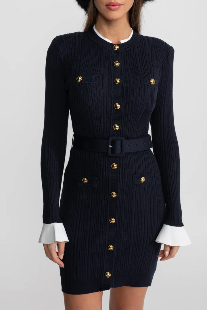Vestido Midi Canelado com Detalhes em Splicing e Mangas Trombeta