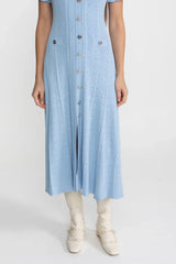 Vestido Azul Serenity em Tricô Vazado com Acabamento em Babados