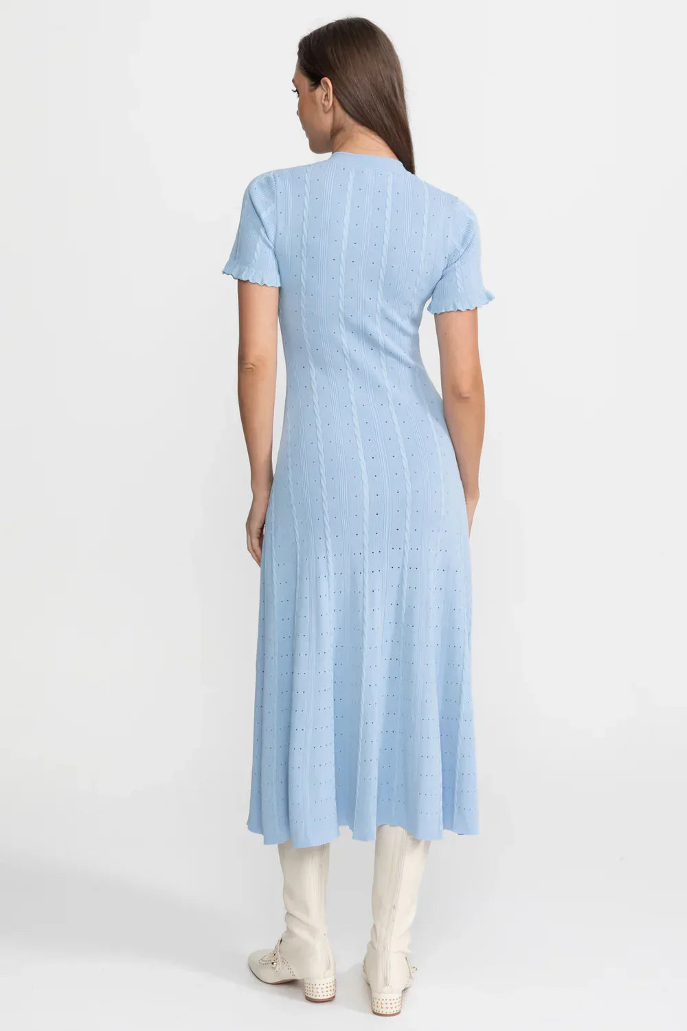 Vestido Azul Serenity em Tricô Vazado com Acabamento em Babados