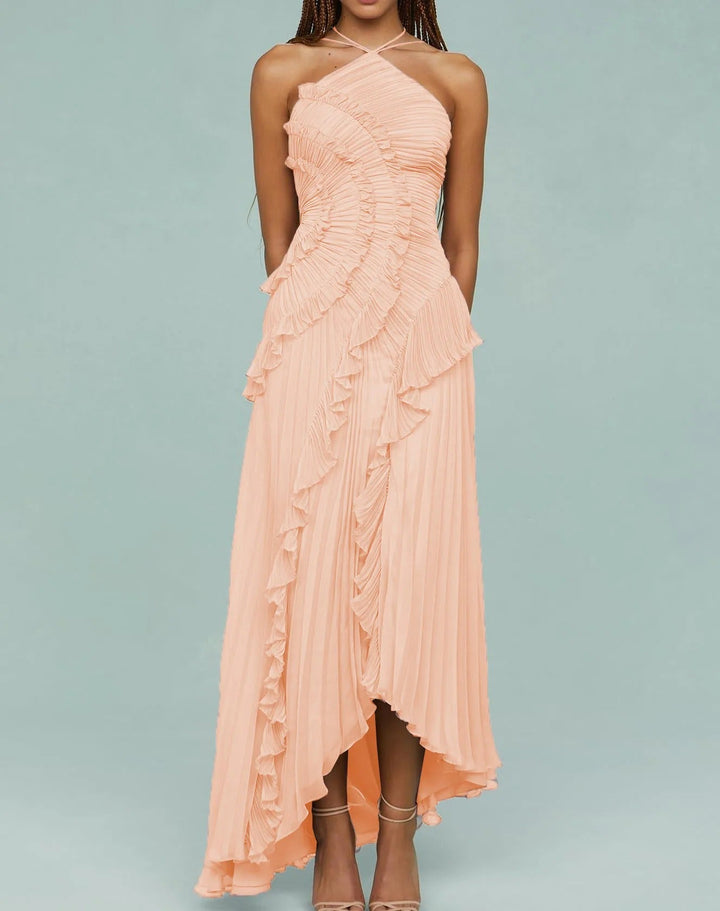Vestido Midi Plissado Lavanda – Gola Halter, Babados em Cascata e Elegância Pura